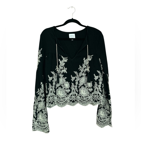 Misa Los Angeles Tops - MISA Black Long Sleeve Boho Embroidery Top Scallops Hem Tassels Size Small